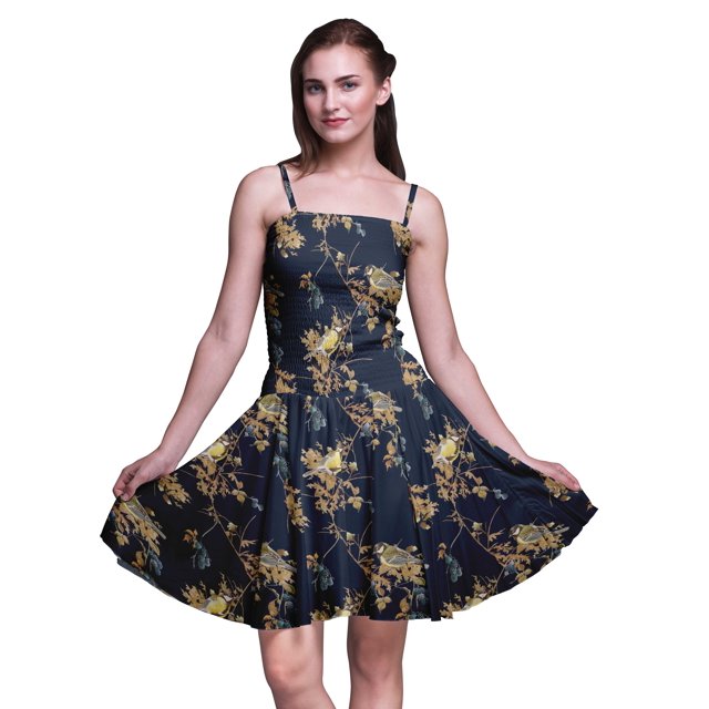 Bimba Robe Soleil Mini à Taille Smockée pour Femmes, Imprimée, Tenue de Fête d'Été pour les Vacances - Petit