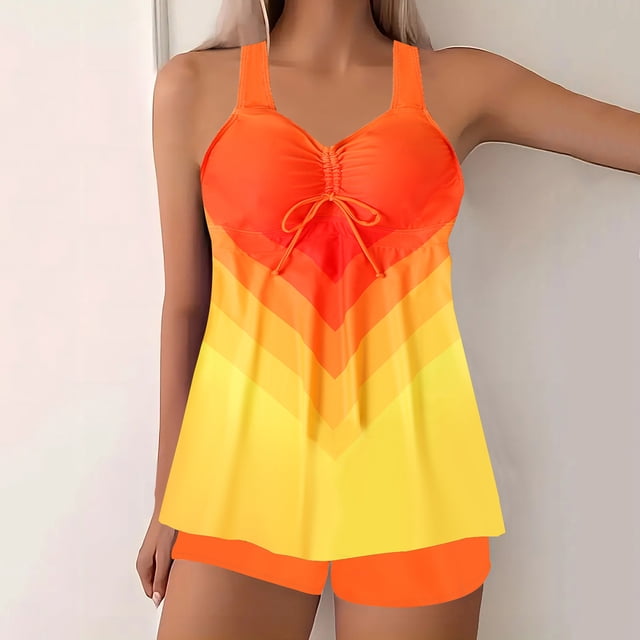 UPPADA Womens Plus Size Two Piece Tankini Swimsuits Twist Front High Waist V Neck Swimwear Floral Tummy Control Modest Bathing Suits with Bottom Swimsuit Top Tankini Orange,S