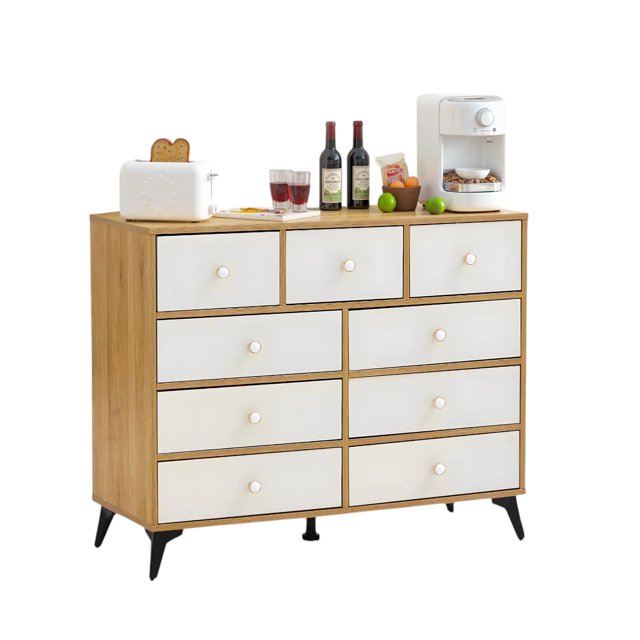 Commode de Rangement à 9 Tiroirs avec Dessus en Bois - Organisateur MDF Blanc pour Chambre, Salon, Cuisine - Commode Moderne