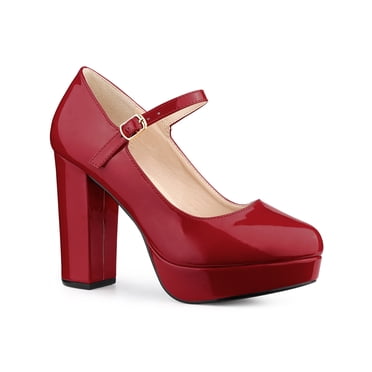 BLISSFUL STEP Chaussures pour Femmes Escarpins Mary Jane Talon Épais Plateforme Bout Rond Bride à la Cheville Talons Rouges 10