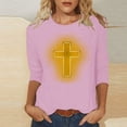 thumbnail image 2 of RKSTN Hauts pour Femmes Mode Décontractée Imprimé Crucifix Col Rond Manches 3/4 T-Shirt Couleur Unie Ajusté Blouse Printemps Été, 2 of 4
