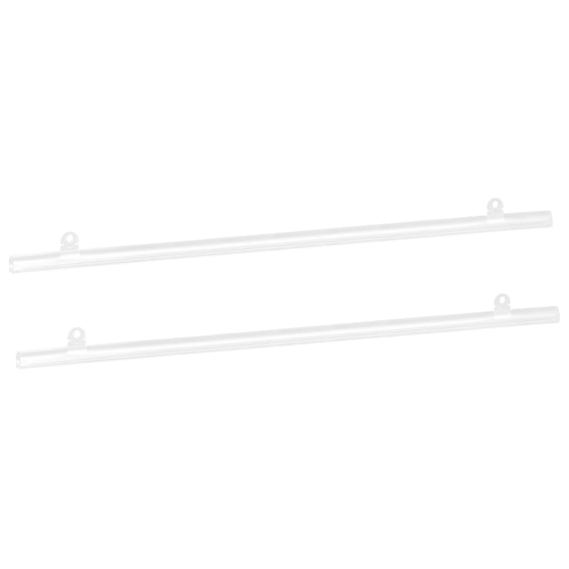 Unique Bargains PVC Poster Hanger Rail Poster Strip Bar, 50cm/20inch, clear with clips, shown as a set of two transparent hanging strips with adjustable clips. Ideal for hanging posters, maps, banners, and charts, compatible with projector screens and other display setups. Made of durable PVC with strong grip force. Includes two hanger strips and four clips.
