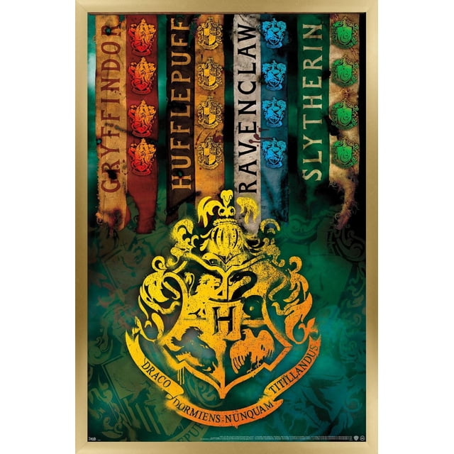 Le Monde des Sorciers : Harry Potter - Armoiries de Maison Affiche Murale, 14,725 Pouces x 22,375 Pouces Affiche Encadrée avec Bannières Verticales Usées de Gryffindor, Hufflepuff, Ravenclaw et Slytherin en Rouge, Jaune, Bleu et Vert. le Centre Montre un Grand Blason Jaune de Poudlard avec la Lettre H et la Devise Draco Dormiens Nunquam Titillandus sur un Fond Texturé Vert Foncé, Imprimé sur Papier Lustré, Idéal pour
