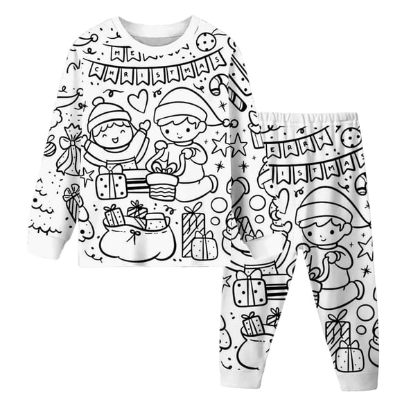PMVFHDE Boys Sleepwear & Robes Boys Pajamas Long Sleeve Top And Pants Doodle Sleepwear for Kids Holiday Family Matching Outfits White,8-9 Years