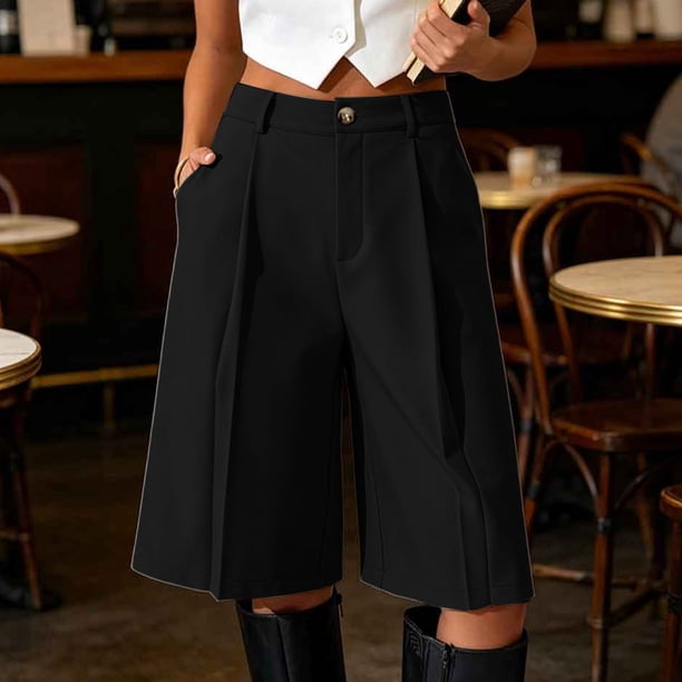BLVB Bermuda Shorts for Women Knee Length Pleated High Waist Wide