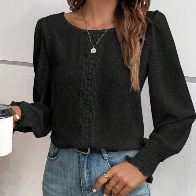 RXIRUCGD Haut/chemise à Manches Longues à Col Rond pour Femme, Décontracté, Uni, en Dentelle Patchwork, Noir, Taille : TG