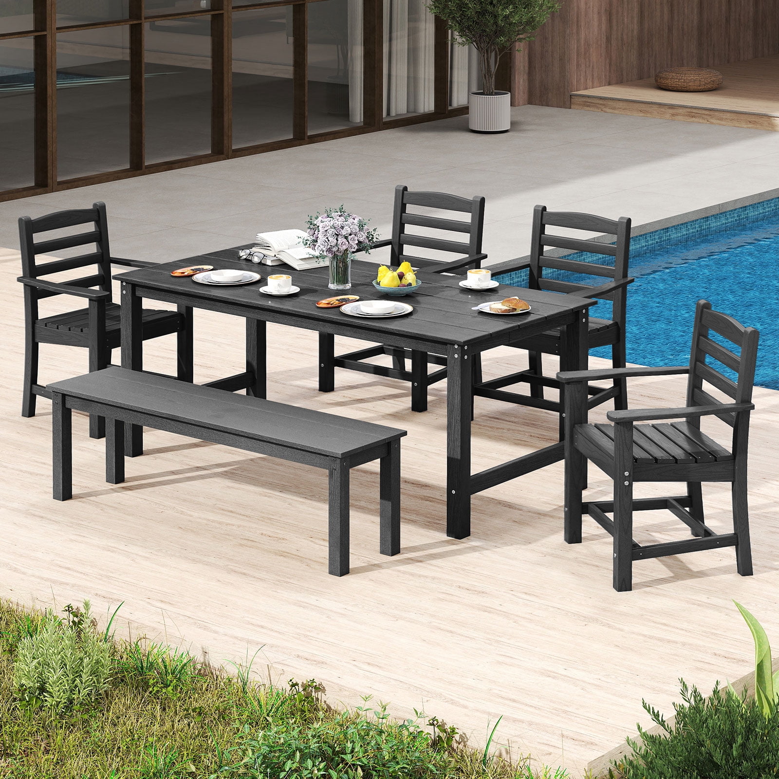 Gymax Ensemble de 6 Pcs pour Salle à Manger de Patio, Ensemble de Table et Chaises d'Extérieur en HDPE Résistant aux Intempéries, Noir