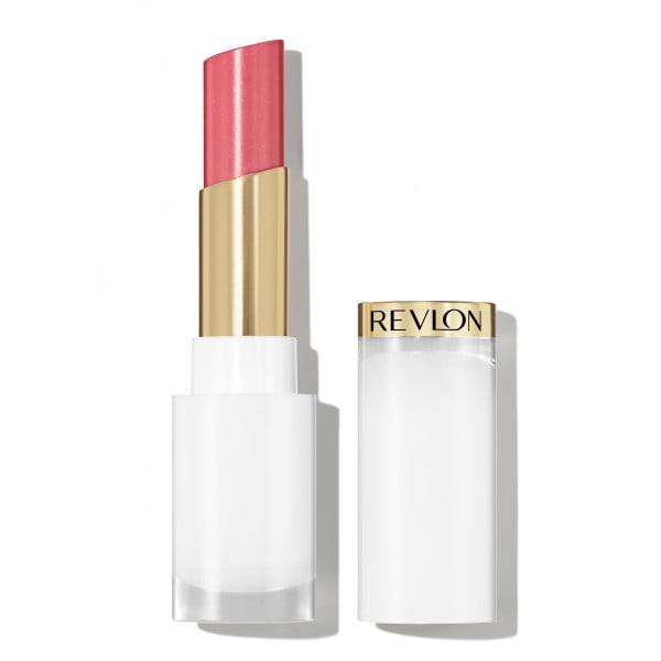Super Lustrous™ Glass Shine Balm by Revlon in a white and gold tube with the cap removed, showing a sheer pink balm with a glossy, hydrating finish that nourishes lips with hyaluronic acid and aloe for a smooth, plump appearance.