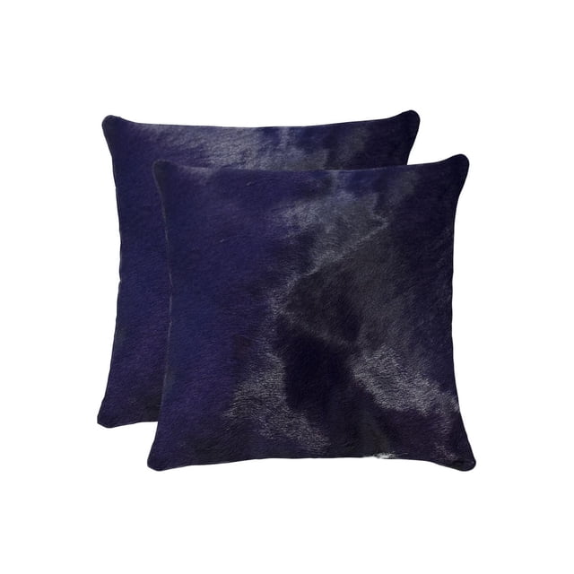 TORINO COWHIDE PILLOW 18"X18" 2-PACK with two square pillows made from 100% natural Indian cowhide in a blue and black pattern, featuring soft microsuede backing and hidden zipper closures, suitable for layering and adding warmth to home décor.