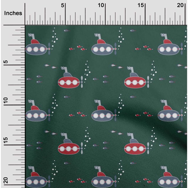 oneOone Polyester Lycra Teal Green Fabric Submarine & Fish Ocean Craft Projects Decor Fabric Printed By The Yard 56 Inch Wide
