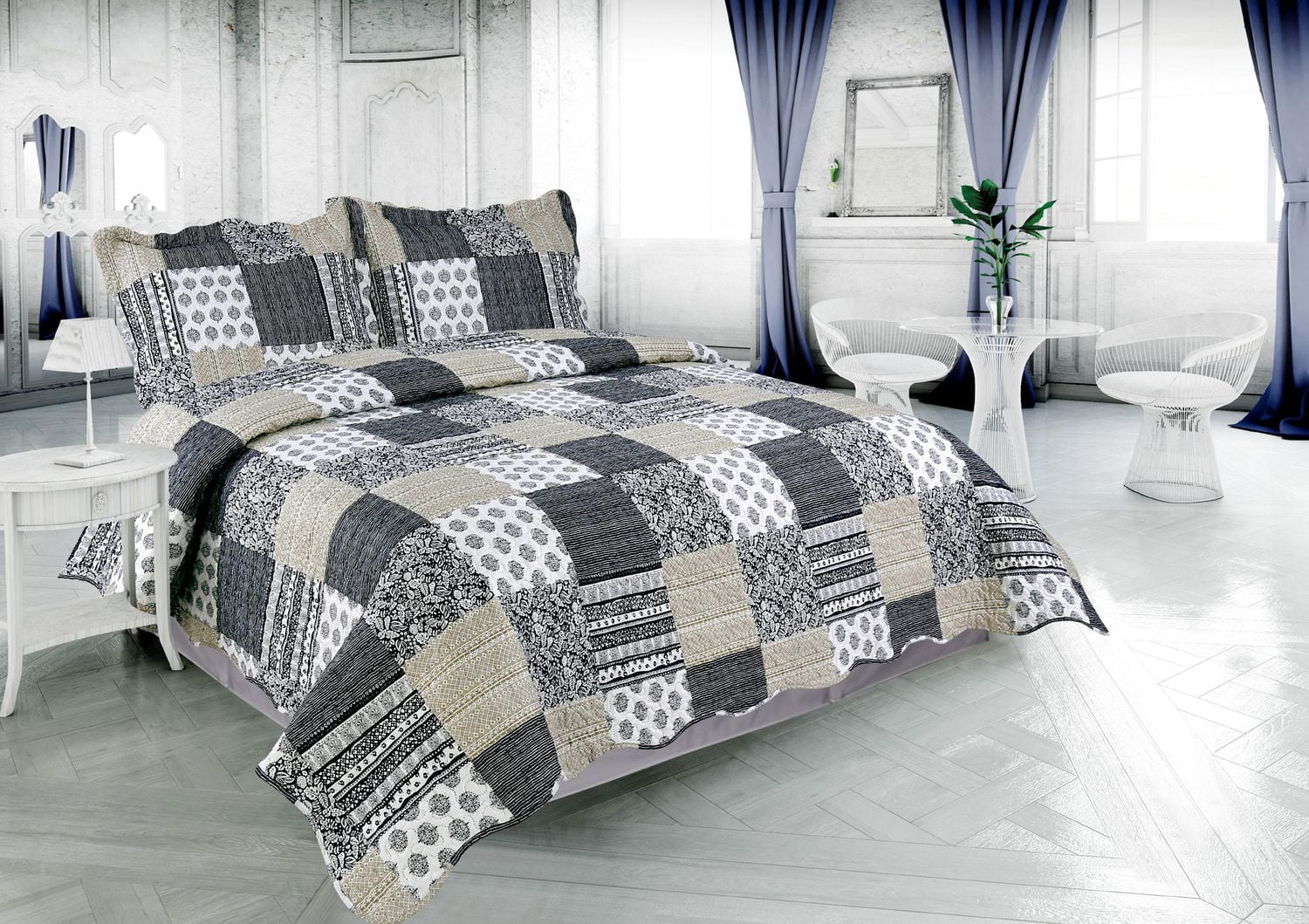 Marina Decoration Parure de lit ultra douce avec couvre-lit en tissu Pinsonic imprimé en relief et taies d'oreiller, motif écossais bleu marine