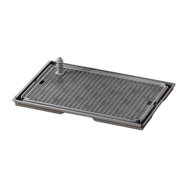 Esquirla Dog Toilet Portable Dogs Potty Train Pads for Small Animals and Other Pets in dark grey. Made of durable pp material, this dog potty tray features a removable column, properly spaced mesh, and a guardrail design to prevent splashing. The detachable grid design allows for easy cleaning, while the tray keeps paws dry by directing pee into the tray below. Suitable for puppies, cats, and other small pets, it measures 42cm x 28.5cm x 2cm (16.54in x 11.22in x 0.79in) and is ideal for use at home, in the office, or in bathrooms.