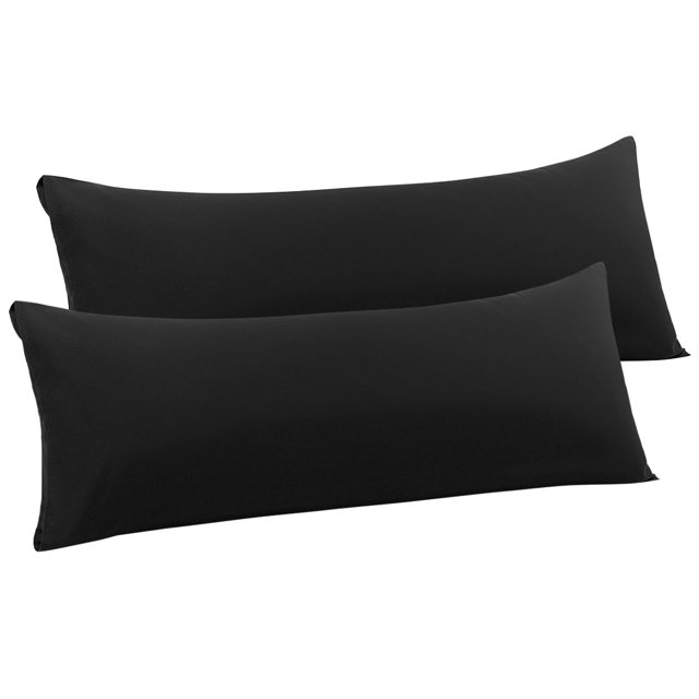 Unique Bargains Microfiber Body Pillow Cases Silky-Soft Pillowcase Envelope Closure 2pcs in black. The set includes two 20x60-inch pillow covers made from 1800 series brushed microfiber fabric, offering a soft, breathable, and durable texture. Designed with an envelope closure for a snug fit, these pillowcases are machine washable and suitable for all seasons. Ideal for enhancing comfort and style in your bedding.