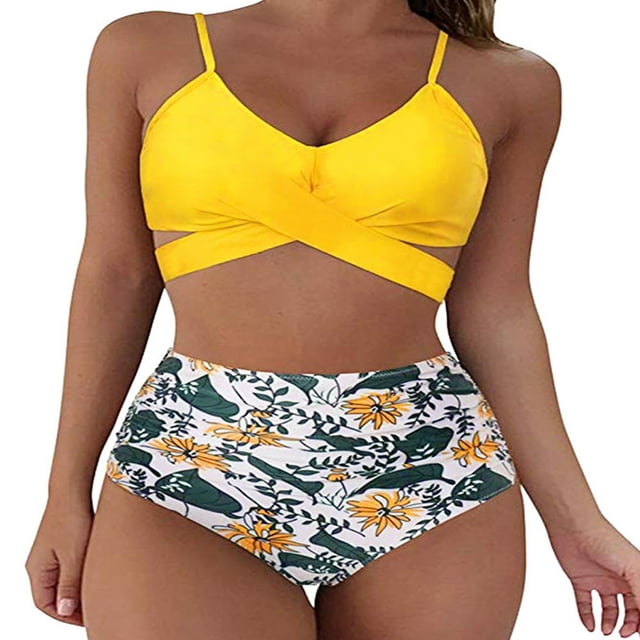 Female Two-Piece Bathing Suit Spaghetti Strap Bikini Tops Leopard Print Bikini Panties Swimsuits Yellow L