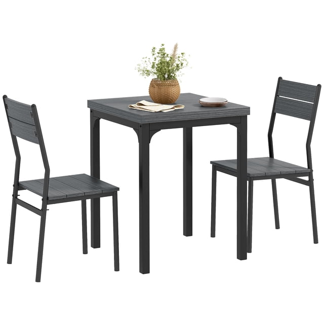 HOMCOM Ensemble de Table à Manger pour 2 avec Plateau Effet Bois Gris et Cadre en Acier Noir. Comprend une Table Carrée à Bords Arrondis et Deux Chaises Sans Accoudoirs avec Dossiers à Lattes Verticales. un Ensemble de Salle à Manger Gain de Place Idéal pour les Petites Cuisines, les Salles à Manger Ou les Coins-Déjeuners. Fabriqué en MDF et Métal pour la Durabilité et l'Entretien Facile, Convient aux Repas, aux Bricolages Ou aux Soirées de Jeux.