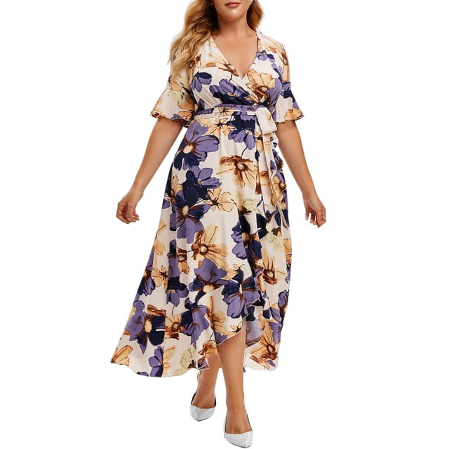 Fridja Womens Plus Size Casual Boho Print Short Sleeve Ruffle Floral Irregular Dress