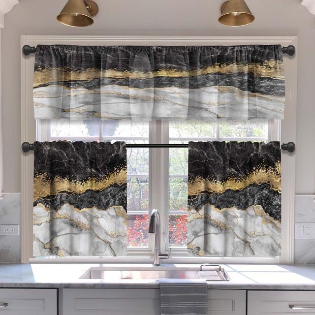 Marble and Gold Blackout Kitchen Curtains Tiers and Valances Set 3 Piece for Windows Abstract Texture Kitchen Window Curtains Set,Gold Glitter Marble Valances for Living Room(36" Tiers Set)