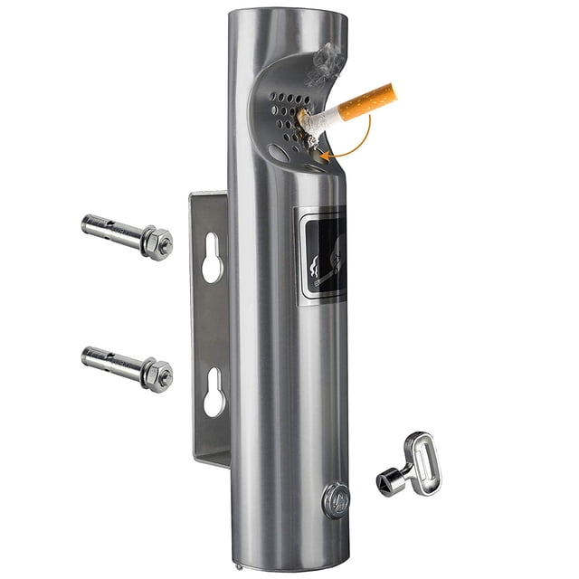 Elitra Wall Mounted Outdoor Stainless Steel Cigarette Butt Receptacle in silver, designed as a decorative accent for home or commercial spaces. Features a slim, modern design with perforated top for cigarette disposal. Includes mounting screws and a key for easy bottom cover unlocking. Measures 11.5 inches tall and 2.5 inches wide.