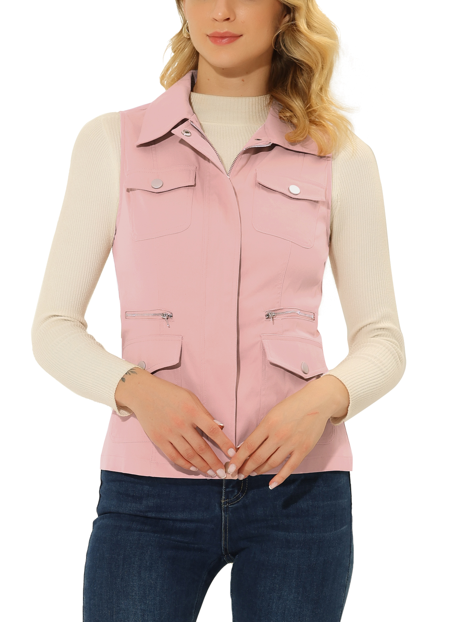 INSPIRE CHIC Veste Zippée pour Femme Sans Manches Anorak Gilet Utilitaire Veste avec Poches P Rose