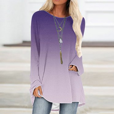 Wiyuqeen Chandails Longs pour Femmes à Porter avec des Leggings, Grande Taille, Chandails Décontractés à Col Rond, Hauts Légers, T-Shirts à Dégradé de Couleurs, Vêtements