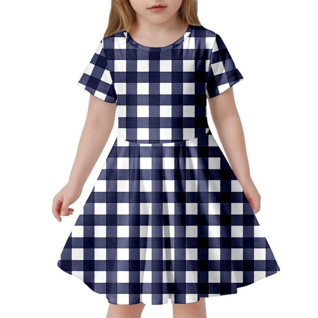 LUOGENLI Robe Mode pour Enfants à Carreaux Ajustée à Manches Courtes (6 14 Ans) Jupe Maxi avec Short Bleu Marine 6-7 Ans
