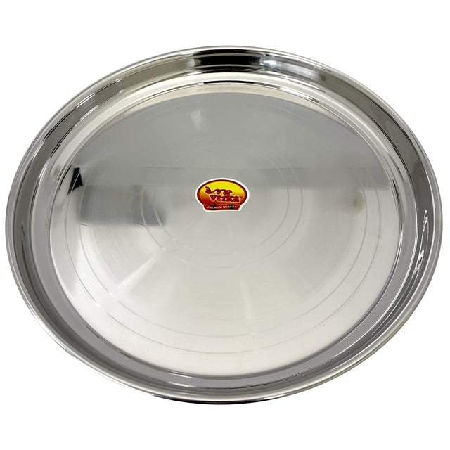 Verka Stainless Steel Khomcha Plate, 13 inch, a large round serving platter with a polished mirror finish and concentric circle detailing, featuring the central red and yellow Verka logo, ideal for serving traditional Indian thali meals or ceremonial offerings.