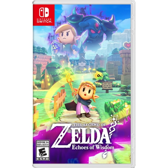 The Legend of ZeldaTM : Echoes of Wisdom Nintendo Switch game cover Mettant en Vedette la Princesse Zelda Tenant un Bâton à Trois Tiges Lumineux dans un village Hyrule Coloré, avec un Épéiste Héroïque et un Ennemi Sombre et Armuré dans le Ciel, Mettant en Valeur la Résolution d'Énigmes et le Jeu de combat.