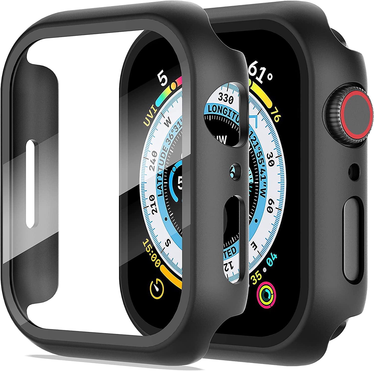KOMI 2-Pack for Apple Watch Series 9/8/7/6/5/4/Series SE/SE 2 45mm All-around Screen Protector Case, Tempered Glass Screen Protector Case Ultra-thin for iWatch 45mm Protection Cover - Black