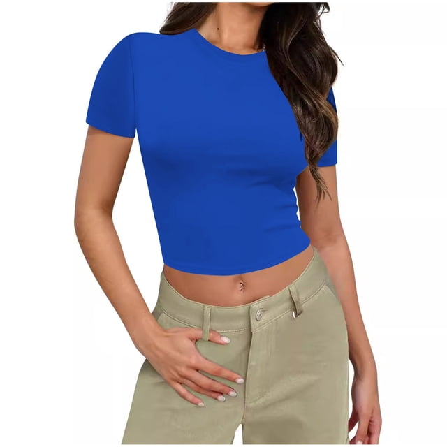 Yuyuzo Hauts de Sortie pour Femmes Manches Courtes Haut Court Col Rond T-Shirts Basiques Ajustés Extensibles