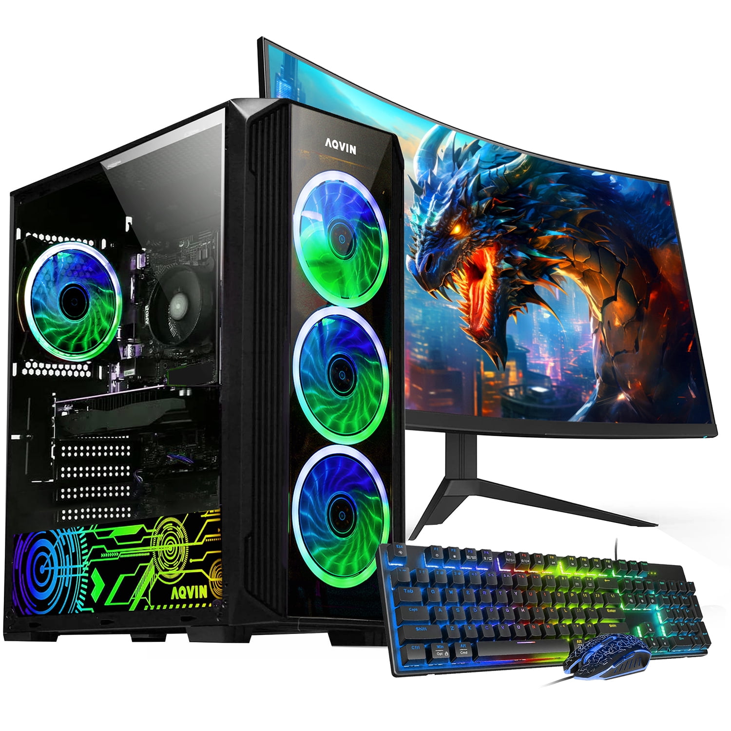 Gaming PC AQVIN ZForce Tower Computer With 27 Inch Curved Gaming Monitor , GeForce RTX 3050 6GB , AMD Ryzen 7 2700 Processor up to 4.1GHz , 32GB DDR4 RAM , 512GB SSD , Wi-Fi , Windows 11 Pro