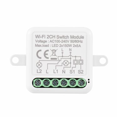 Module Wi-Fi 2 Ch Switch Mini Smart avec Commande Vocale, Contrôle par Application pour Téléphone Mobile, Fonction de Minuterie, Compatible avec l'Assistant Google, Amazon Alexa LED 300 W, 10 A