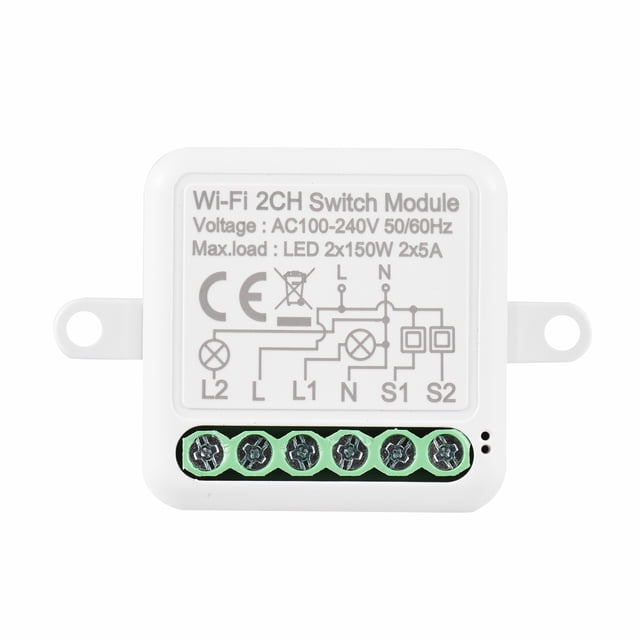 Module Wi-Fi 2 Ch Switch Mini Smart avec Commande Vocale, Contrôle par Application pour Téléphone Mobile, Fonction de Minuterie, Compatible avec l'Assistant Google, Amazon Alexa LED 300 W, 10 A
