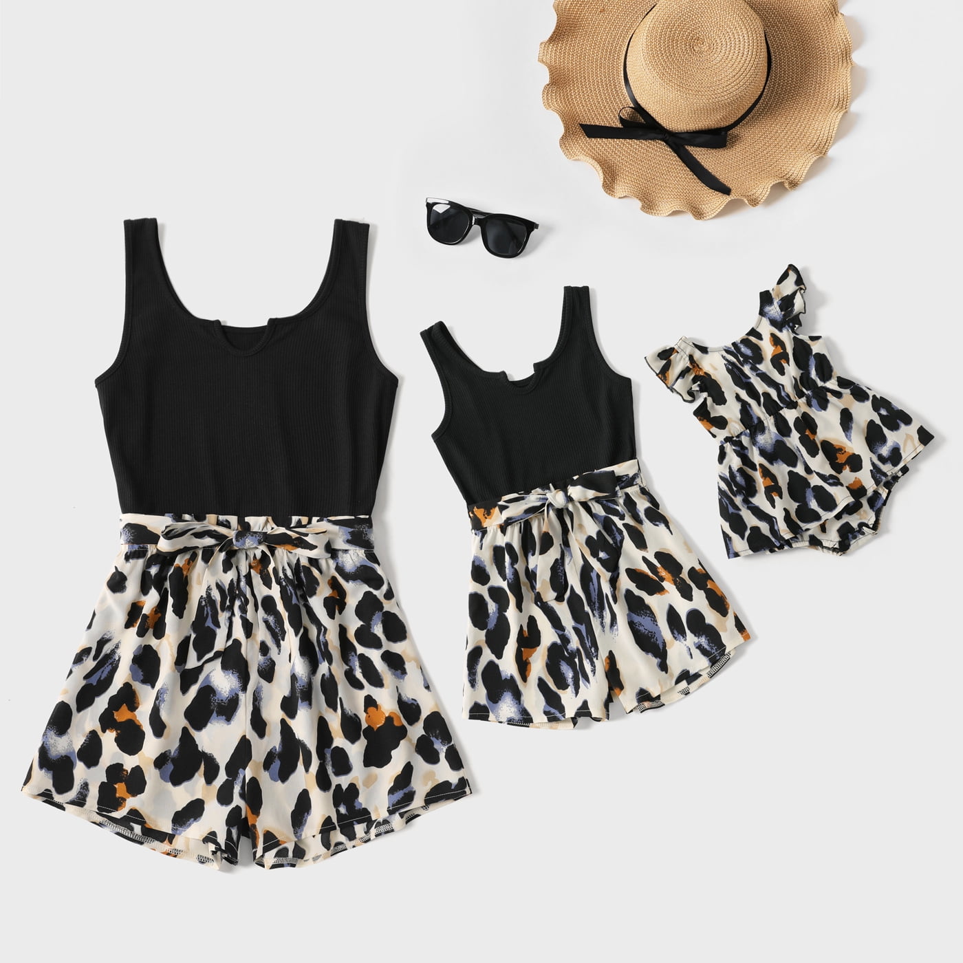 PatPat Black Ribbed U Neck Sleeveless Belted Splicing Leopard Romper for Mom and Me,Sizes Baby-Kids-Adult,One piece, Baby Girl Rompers