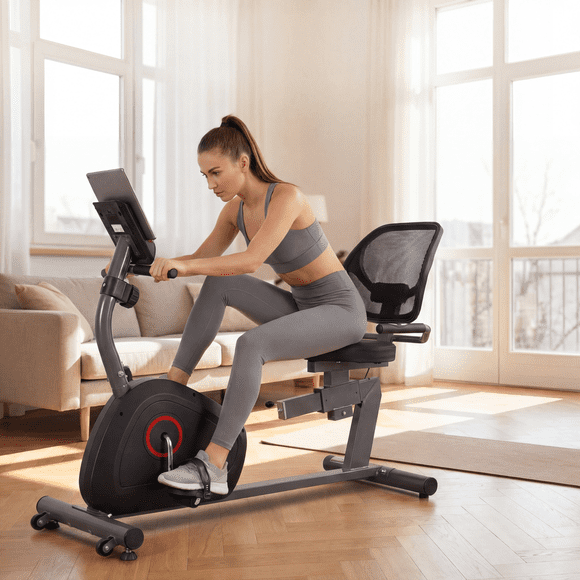 Naipo Recumbent Exercise Bike for Home Stationary Bike Sturdy Quiet 8 Levels Recumbent Bikes Large Comfortable Seat Heart Rate Handle & iPad Holder for Gym Seniors Adults