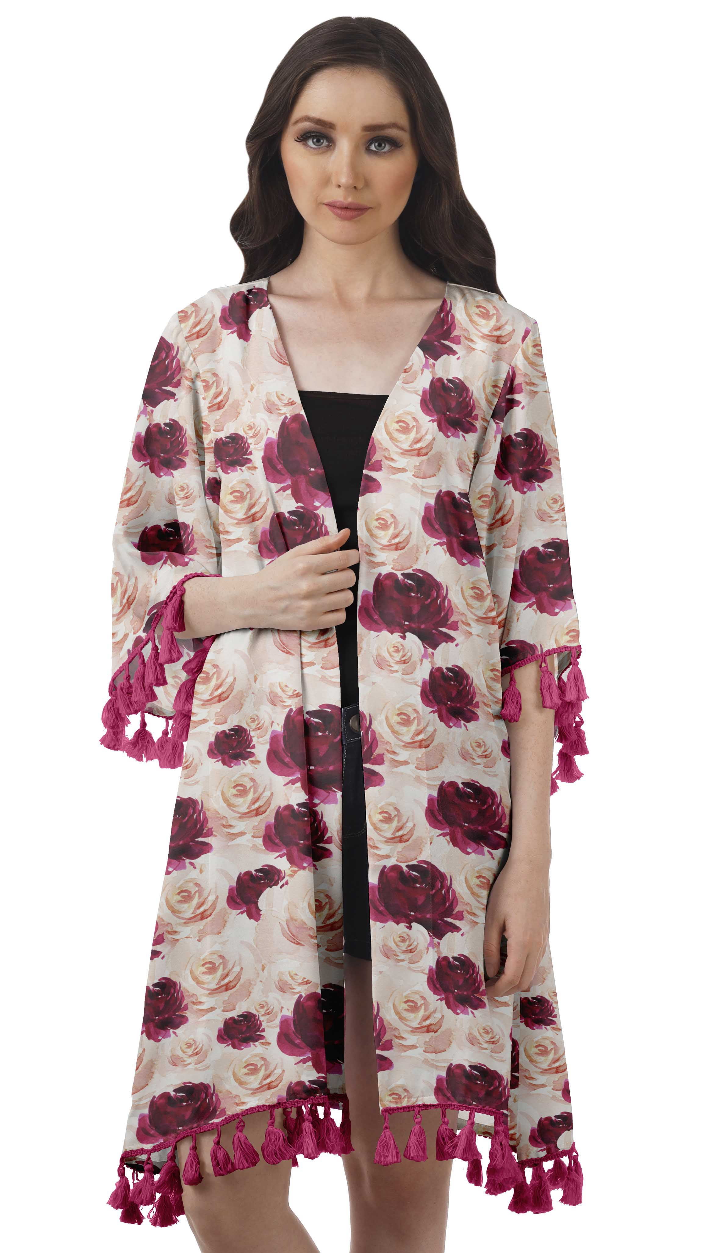 Moomaya Front Open Printed Shrug 3/4 Sleeve Georgette Beach Cover Up For Women