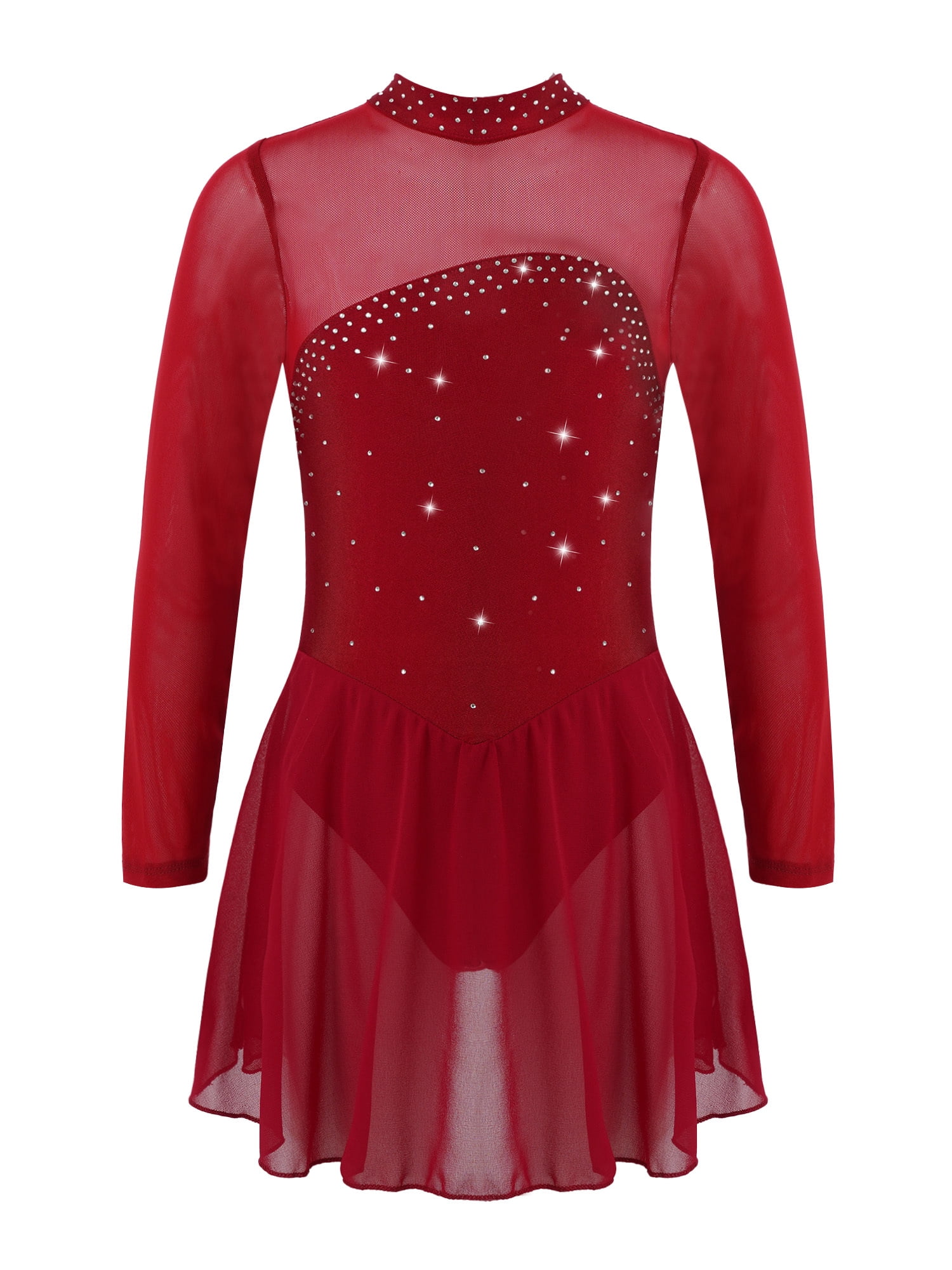 Linjinx Filles Enfants Justaucorps Robe de Danse Ballet à Manches Longues en Maille à Strass Assemblée Costume de Compétition de Patinage Artistique Bourgogne 16