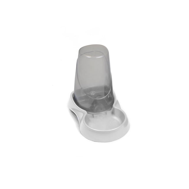Van Ness 1.5 Liter Auto Waterer with translucent gray plastic reservoir and white base, designed for small dogs and cats, featuring a spill-less valve for mess-free refills and wide opening for easy cleaning, made from FDA-approved BPA-free plastic.