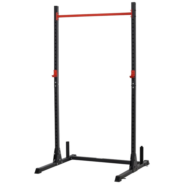 Strength Power Squat Rack Barbell Lifting Pull Up Weight Stand Home Gym. Centered, front-facing black steel adjustable half rack with wide walk-in frame, adjustable height 10.25"–77.25" (26–196 cm), 2" (5 cm) hole spacing, 46.25"L x 48"W x 89"H, 330 lb (150 kg) capacity; functions as barbell rack, pull-up and horizontal bar and is often used to anchor resistance bands in a home gym.