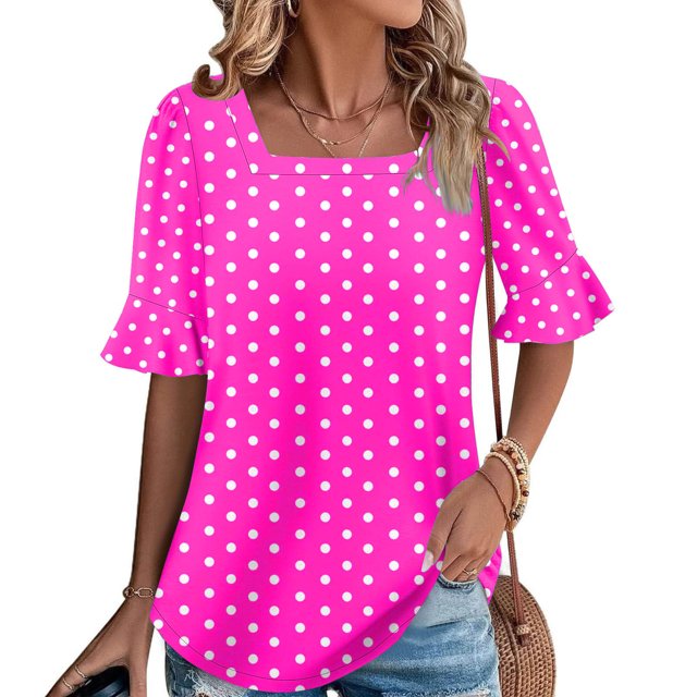 Wensltd Blouse d'Été Ample pour Femme à Imprimé, Manches à Volants, Encolure Carrée