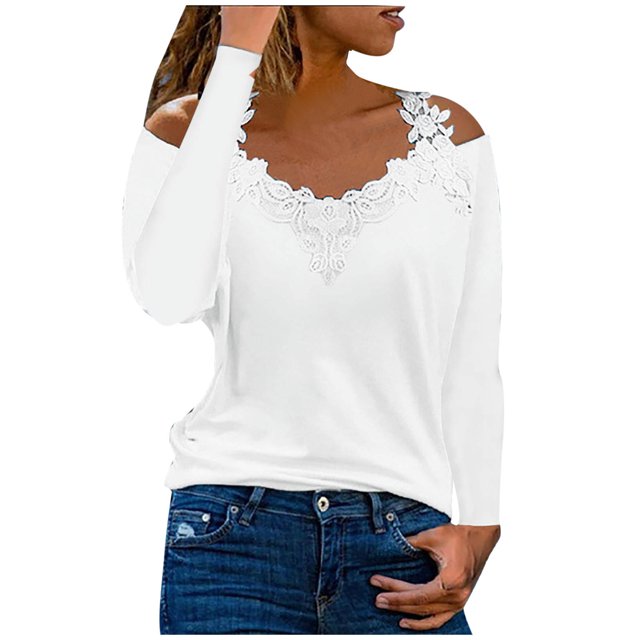 Pompotops Mode Blouse Décontractée à Manches Longues en Dentelle Col en V pour Femmes en Solde