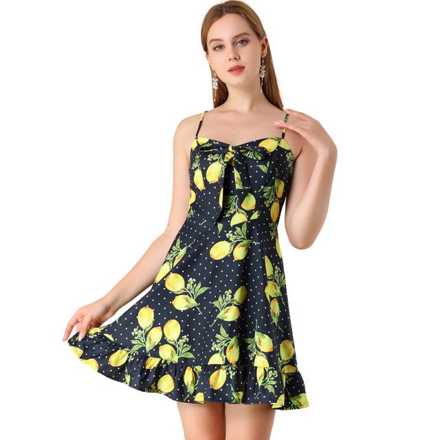 INSPIRE CHIC Robe à Pois Citron pour Femme à Bretelles Spaghetti avec Nœud