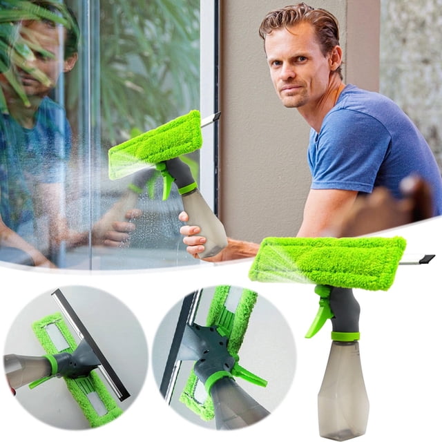3-in-1 Window Cleaner Kit with Spray Bottle, Squeegee Wiper, and Microfiber Cloth Pad - 25cm Length, 220g, Green/White - Multi-Function Glass Cleaning Tool for Home and Office