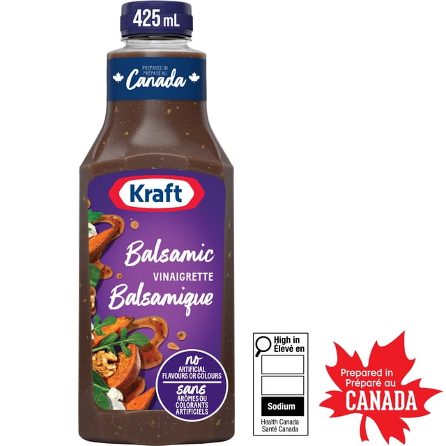 Kraft Balsamic Salad Dressing 425 mL bottle with a purple label featuring the Kraft logo and bilingual balsamic vinaigrette text, prepared in Canada with no artificial flavours or colours, containing visible herbs and spices, ideal for salads, marinades, and dips.