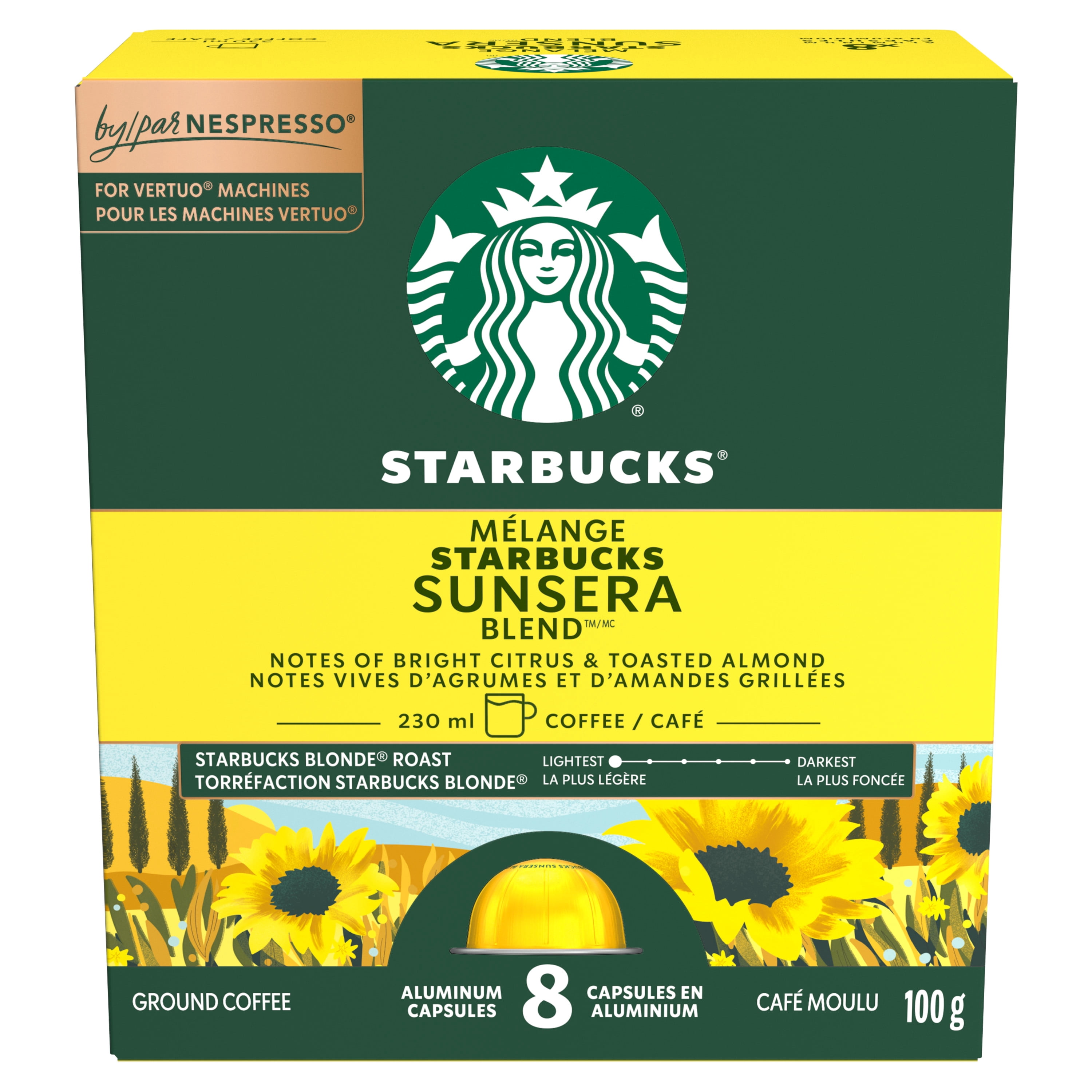 Starbucks SUNSERA BLEND Blonde Roast Coffee Capsules for NESPRESSO VERTUO, Smooth Blend Arabica Coffee, Citrus & Toasted Almond Notes, Recyclable Capsules