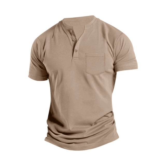 FAIWAD Men's Short Sleeve Shirts Button Casual Slim Mock Neck Basic Tees Summer Solid Color Workout Tops. The shirt is displayed in a beige solid color with a slim fit, mock neck, buttoned placket, and a chest pocket. Made from lightweight polyester, it is breathable and comfortable, ideal for casual outings, workouts, or summer wear. Pairs well with shorts, jeans, or trousers for versatile styling.