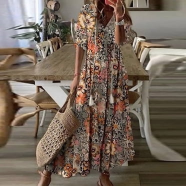 Liquidation de Robes pour Femmes Mode Robe Décontractée pour Femmes Printemps et Été à Col en V à Manches Trois-Quarts Robe Imprimée Robes pour Femmes Grande Taille