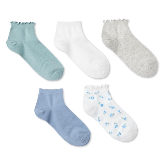 George Women's Anklet Socks 5-Pack includes five assorted ankle length pairs in light teal, white, heather gray, light blue, and white with blue floral print. Made from soft cotton-blend fabric with ribbed cuffs and lettuce edges, these socks are ideal for casual wear with sneakers or low-cut shoes and suitable for light indoor activities.