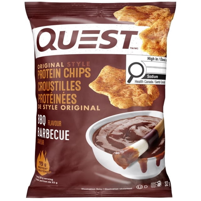 Quest Protein Chips BBQ Flavour 32g bag featuring original style baked protein chips with smoky barbecue seasoning, providing 19g protein per serving and keto-friendly nutrition, with a bowl of barbecue sauce and brush illustration on the front.