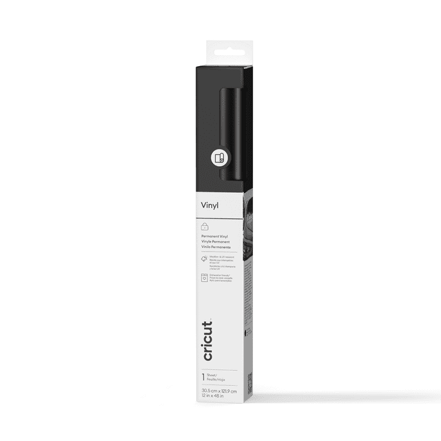 Cricut® Vinyl – Permanent (4 ft), Black roll 12 in x 4 ft with glossy finish and long-lasting adhesive, weather- and fade-resistant for outdoor signs, car decals, and personalized water bottles, optimized for Cricut cutting machines.