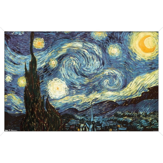 La Nuit Étoilée par Vincent van Gogh Affiche Murale, 22,375 Pouces x 34 Pouces, Représentant un Ciel Nocturne Tourbillonnant avec des Étoiles Brillantes et un Croissant de Lune au-Dessus d'Un village et un Grand Cyprès, Imprimée sur du Papier Lustré pour Rehausser les Couleurs, Convient pour Décorer des Chambres, des Bureaux Ou des Résidences Étudiantes.